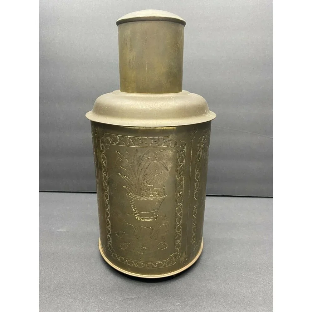 VTG 50s Brass‎ Tea Canister Jar Container Floral Etched Gold 12.5
